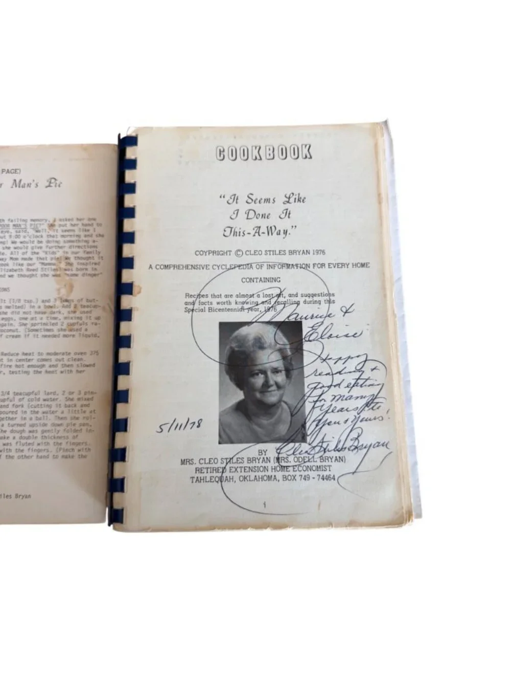 Seems Like I Done It This A Way Cookbook Cleo Stiles Bryan Signed 1976 Typed